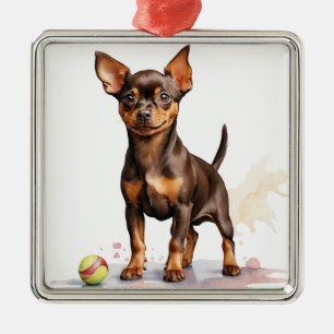 SMALL BROWN MINIATURE PINSCHER HUND JULGRANSPRYDNAD METALL