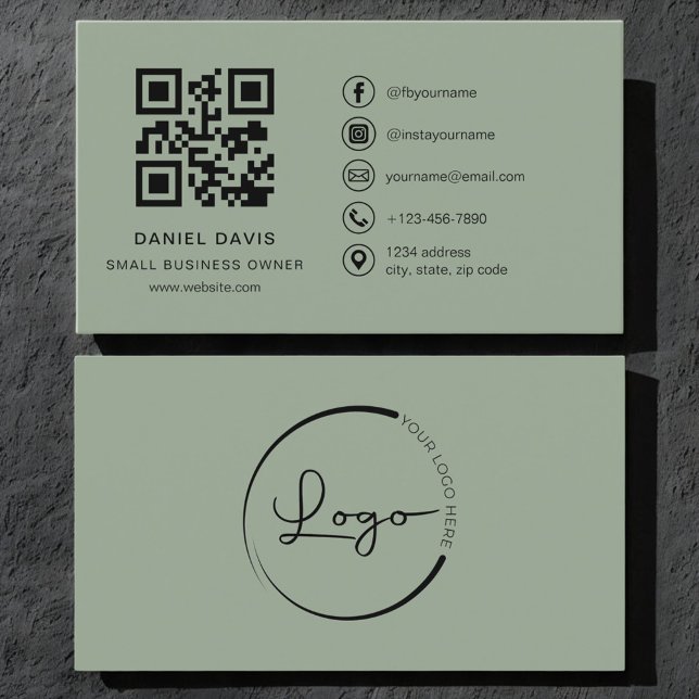 Small Business Owner Sage Green Logo QR Code  Visitkort (Skapare uppladdad)