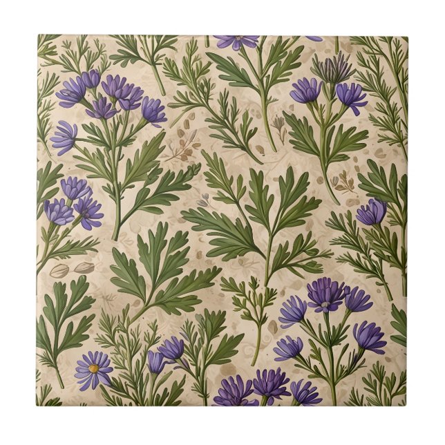Small Lila Asters Taupe Kakelplatta (Framsidan)