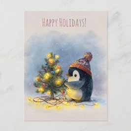 Small penguin decorates tiny Christmas tree, Helg Vykort