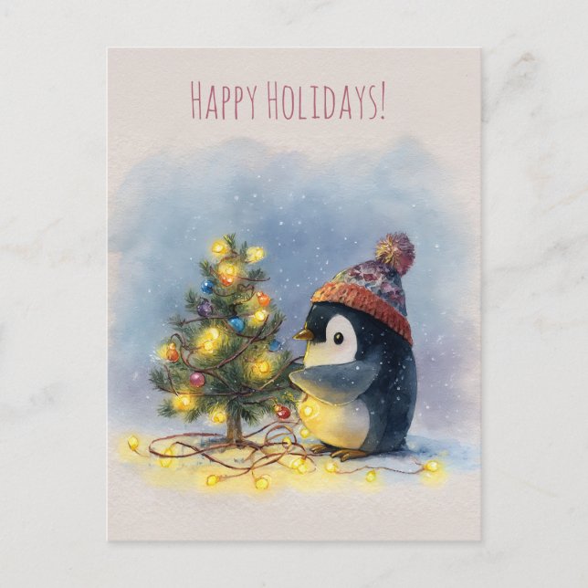 Small penguin decorates tiny Christmas tree, Helg Vykort (Framsida)