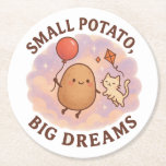 Small Potato Big Dreams - Cute Motivational Underlägg Papper Rund<br><div class="desc">Drömmen stor, även om du är lite smutsig! Denna berömvärda "Small Potato, Big Dreams"-design har en charmerande, vidsynt potatis som flyter genom ett drömt himmel med ballonger, vilket ger en perfekt blandning av stollig, humor och inspiration. En underbar gåva till drömmare, mat älskare eller någon som uppskattar lite veggie humor....</div>