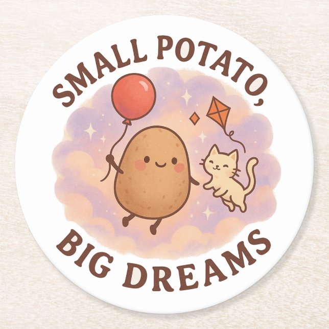 Small Potato Big Dreams - Cute Motivational Underlägg Papper Rund (Framsidan)
