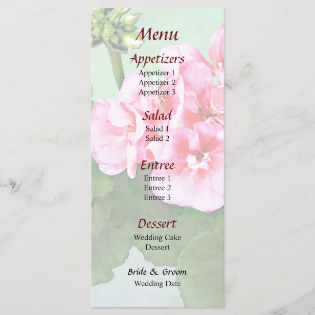 Small Rosa Geranium Bröllop Menu Meny (Framsida)