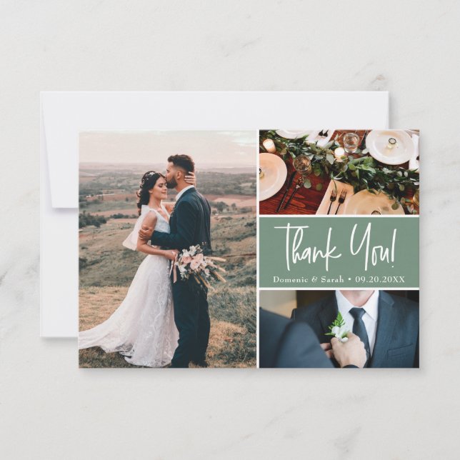 Small Sage green Custom Wedding photo collage Tack Kort (Framsida)