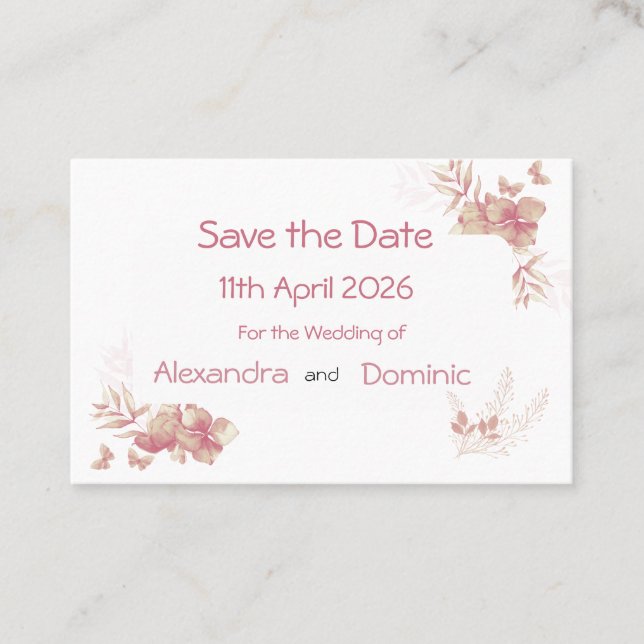 Small Save Date Card - rosa Blommigt Butterfly Visitkort (Framsida)