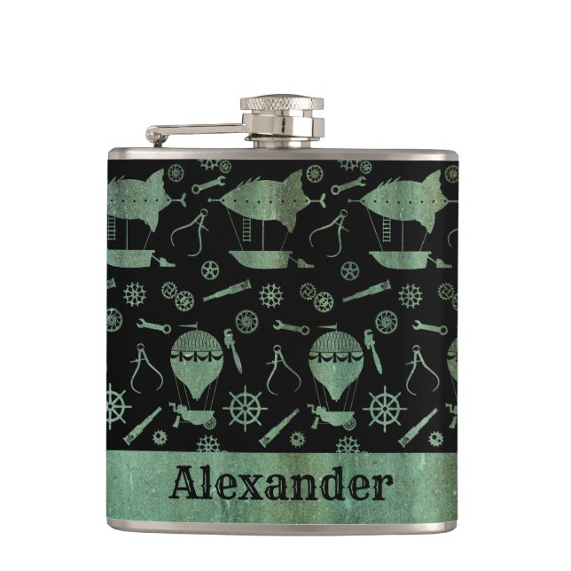 Small Steampunk Verdigris Airship Theme Anpassning Fickplunta (Framsidan)