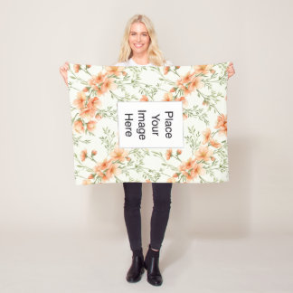 Small Throw Blanket, Peach Flowers, Add Name/Pic Fleecefilt