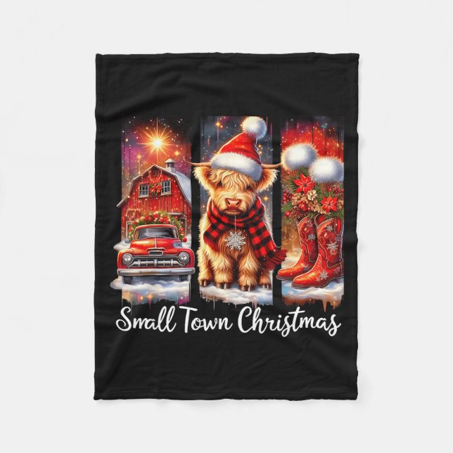 Small Town Christmas Highland Cow Western Art  Fleecefilt (Framsidan)