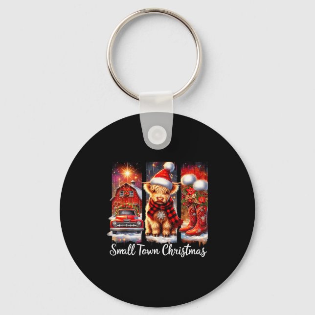 Small Town Christmas Highland Cow Western Art  Nyckelring (Framsida)