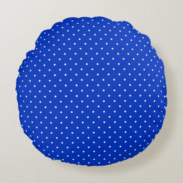 Small White Polkadots on Cobalt Blue Round Pillow Rund Kudde (Framsidan)