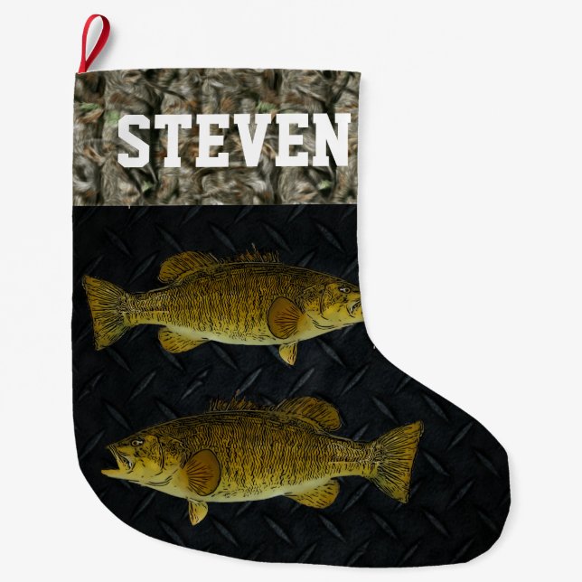 Smallmouth Bass Fishing Camo Namn Manar Stor Julstrumpa (Framsidan)