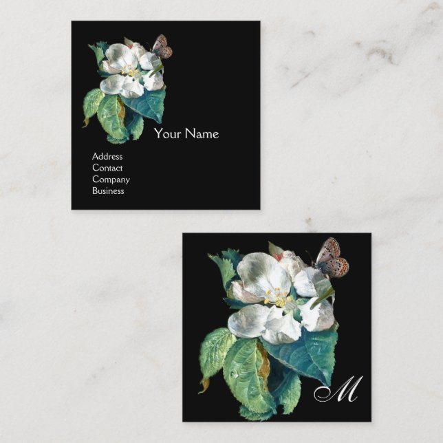 SMÄLT PÅ VITBLOMMMA, BLOMMIGT MONOGRAM FYRKANTIGT VISITKORT (Fram/baksida)