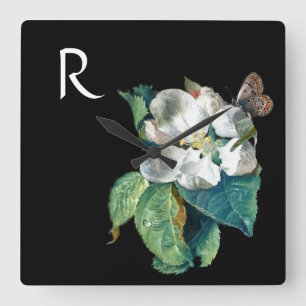 SMÄLT PÅ VITFLÖDE, SVART BLOMMIGT MONOGRAM FYRKANTIG KLOCKA