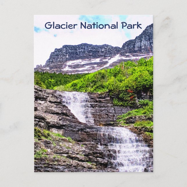 Smältande glaciärvattenfall forsar nedför Klippiga Vykort (Framsida)