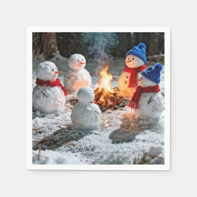 Smältande snömän runt en lägereld pappersservett (Framsidan)
