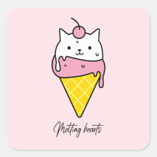 Smälter Hearts - Cute Summer Ice Cream Cat Fyrkantigt Klistermärke