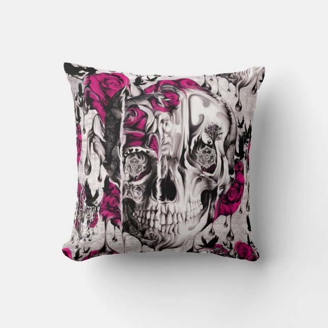 Smälter rosa skalle i grå färg och rosor kudde (Framsida)