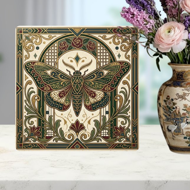 Smaragd Art Nouveau Moth Dekorativ Kakel (Skapare uppladdad)