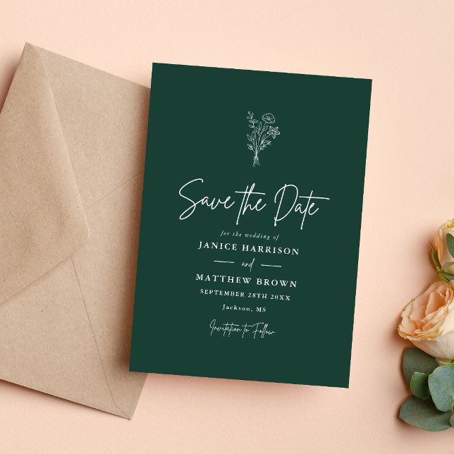 Smaragd Boho Minimalistiska Botaniska Bröllop Spara Datumet (Emerald boho botanical save the date brings rich elegance and sets a memorable tone for your wedding)