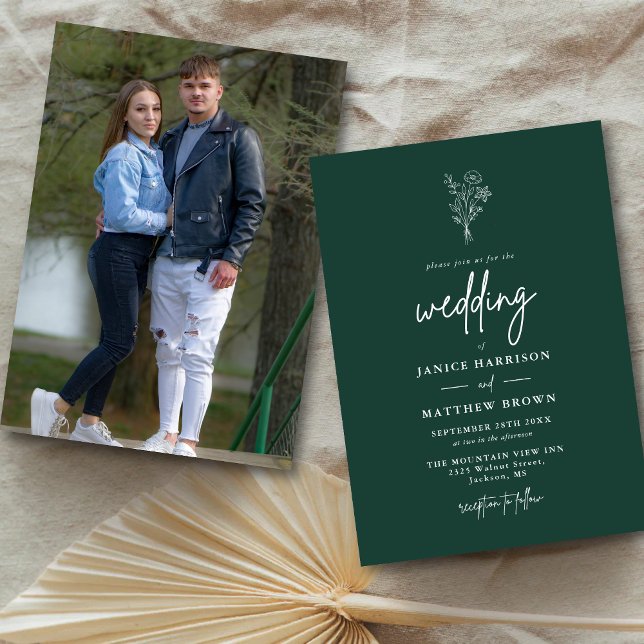 Smaragd Boho Minimalistiska Botaniska Foto Bröllop Inbjudningar (Emerald botanical photo invitation adds lush elegance while showcasing your personalized love story)