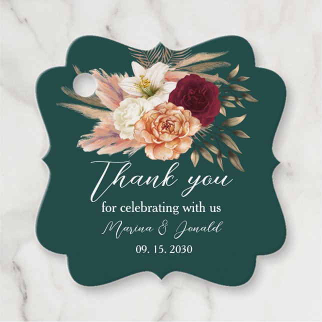 Smaragd Burgundy Blommig Tack Gåvor Etiketter (Framsida)