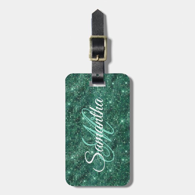 Smaragd Diamantbesatt Folie Fancy Monogram Bagagebricka (Vertikal Framsida)