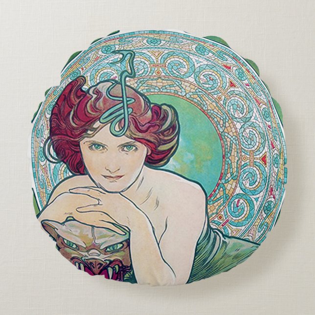 Smaragd (fyra juveler), Alphonse Mucha kastkudde Rund Kudde (Framsidan)