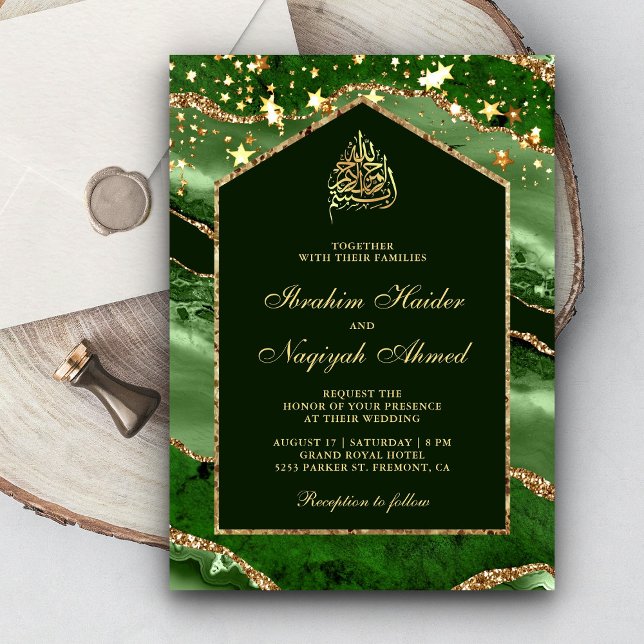 Smaragd Guld Agat Marmor Båge Muslimsk Bröllop Inbjudningar (Skapare uppladdad)