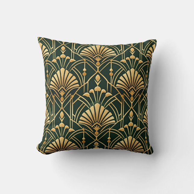Smaragd Guld Art Deco Mönster Kudde (Framsida)