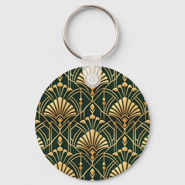 Smaragd Guld Art Deco Mönster Nyckelring (Framsida)