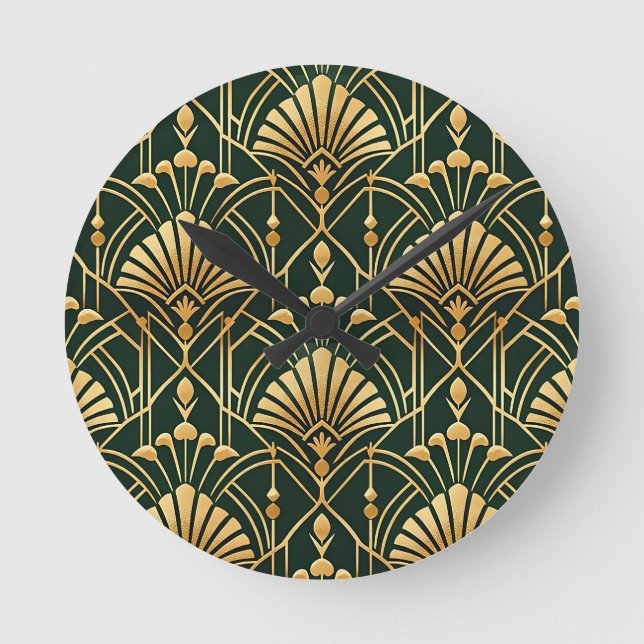 Smaragd Guld Art Deco Mönster Rund Klocka (Framsida)