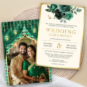 Smaragd Guld Blommig Indisk Hindu Bröllopsfoto Inbjudningar