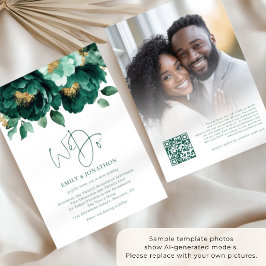 Smaragd Guld Blommor Foto QR-kod Bröllop Inbjudningar