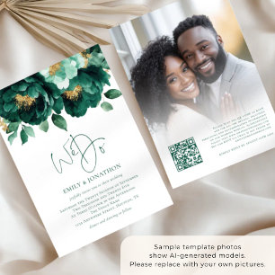 Smaragd Guld Blommor Foto QR-kod Bröllop Inbjudningar