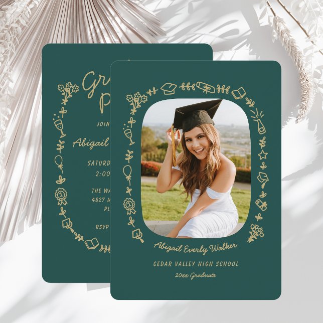 Smaragd Handritade Klotter Foto Examen Inbjudan (emerald green hand drawn doodle graduate card with photo)