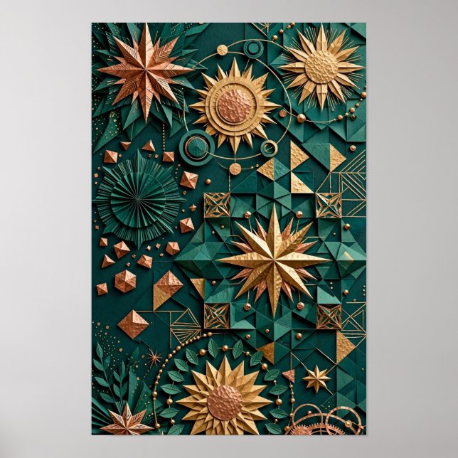 Smaragd Koppar Celestial Kompass - 3D Guld Poster (Framsidan)