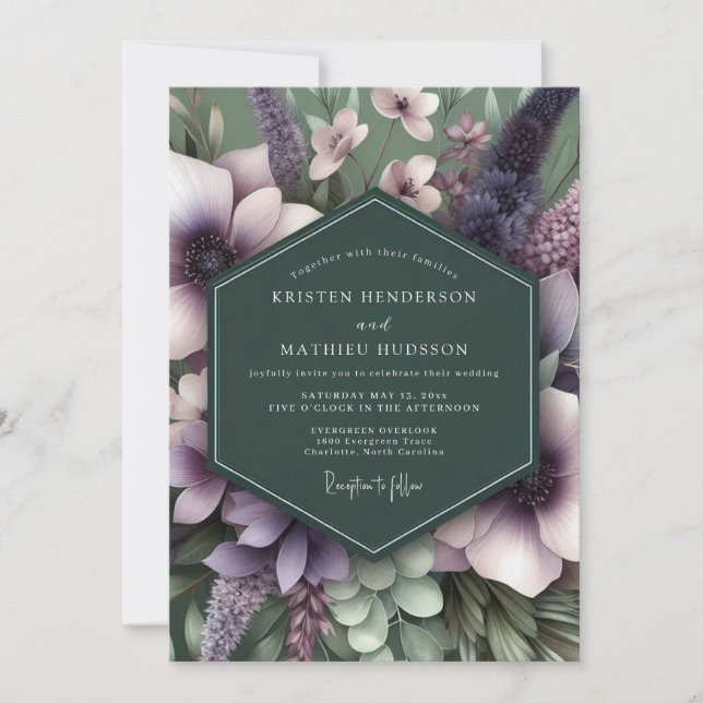 Smaragd Mauve Konstnärlig Flora Bröllop Inbjudningar (Framsida)