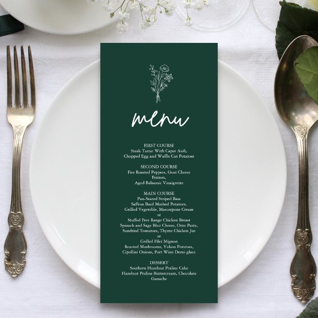 Smaragd Minimalistiska Botaniska Terrakotta Bröllo Meny (Emerald botanical wedding menu adds rich elegance while showcasing your dishes beautifully)