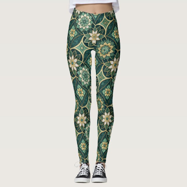 Smaragd och guld blommande mandala - ornamental leggings (Framsida)