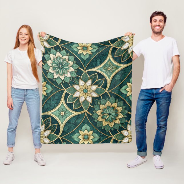 Smaragd och guld floral mandala - ornamental fleecefilt (På plats)
