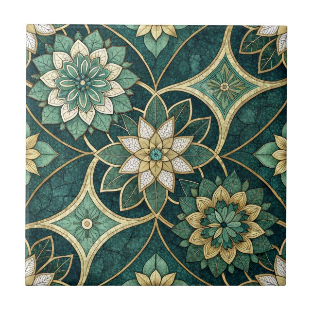 Smaragd och guld floral mandala - ornamental kakelplatta (Framsidan)