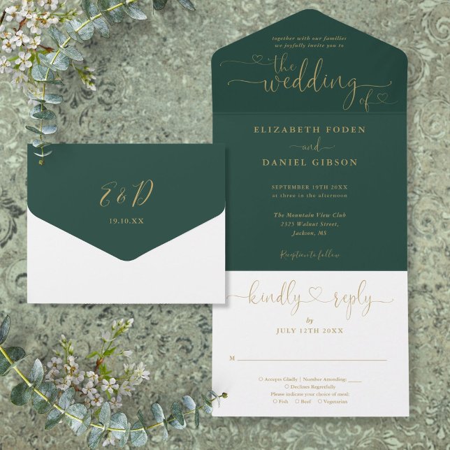 Smaragd Och Guld Skrift Hjärtan Minimalistisk Bröl (Emerald And Gold Script Hearts Minimalist Wedding All In One Invitation)