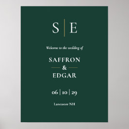 Smaragd- och guldmonogram välkomstskylt för bröllo poster