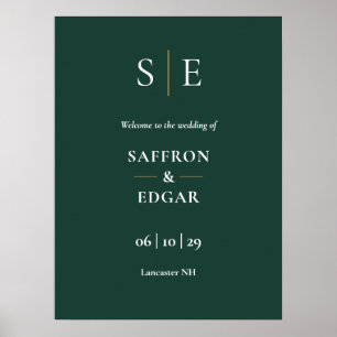 Smaragd- och guldmonogram välkomstskylt för bröllo poster