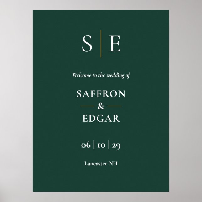 Smaragd- och guldmonogram välkomstskylt för bröllo poster (Framsidan)