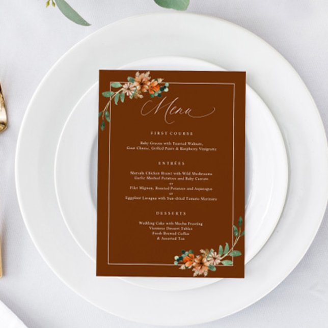 Smaragd och rostbränd orange grönska bröllop meny (Emerald and Rust Burnt Orange Wedding Menu for fall or winter weddings 5x7)