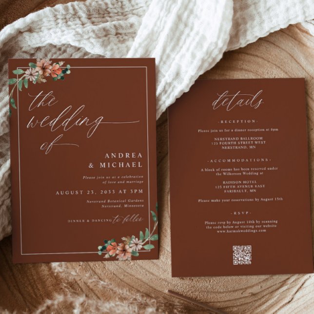 Smaragd och Rostbrun Orange Blommig Bröllop Inbjudningar (Emerald, Rust and Burnt Orange Floral Wedding Invitations for Fall or Winter Wedding)