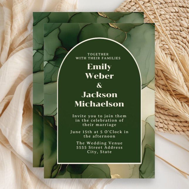Smaragd Olivgrön Guld Blommig Båg Bröllop  Inbjudningar (Emerald/olive green wedding invitation)