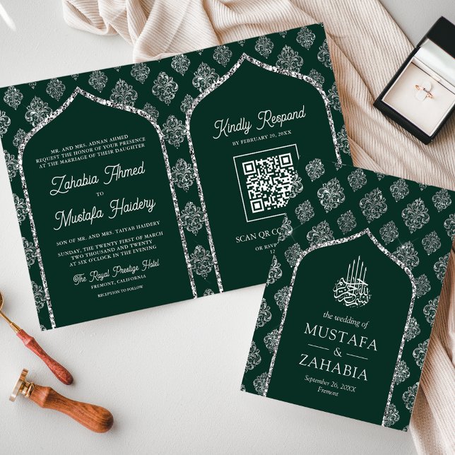Smaragd Silver Damast Båge QR-kod Muslimsk Bröllop Inbjudan (Skapare uppladdad)